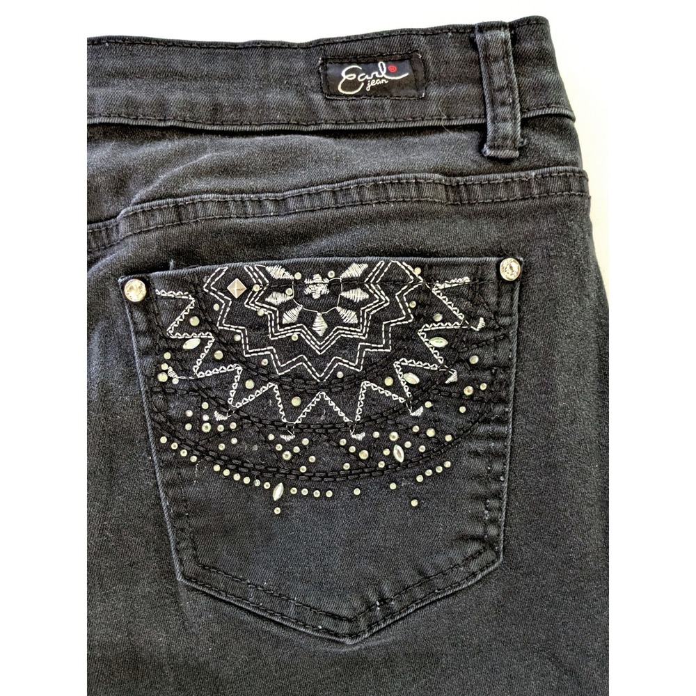 Earl Jean Womens Black Bootcut Denim Embroidered Rhinestone Pocket Jeans Size 14